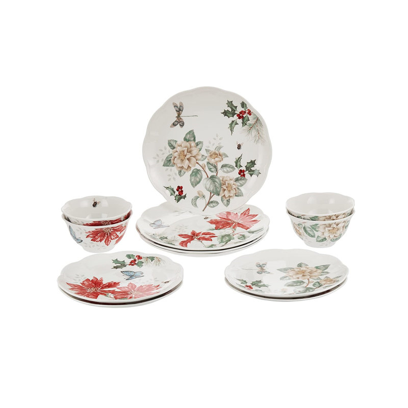 Butterfly Meadow Holiday 12-Piece Porcelain Dinnerware Set for 4