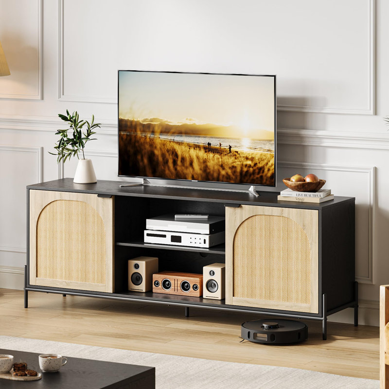 Rattan TV Stand for 75 Inch TV, TV Console with Adjustable Shelf, Entertainment Center with Storage