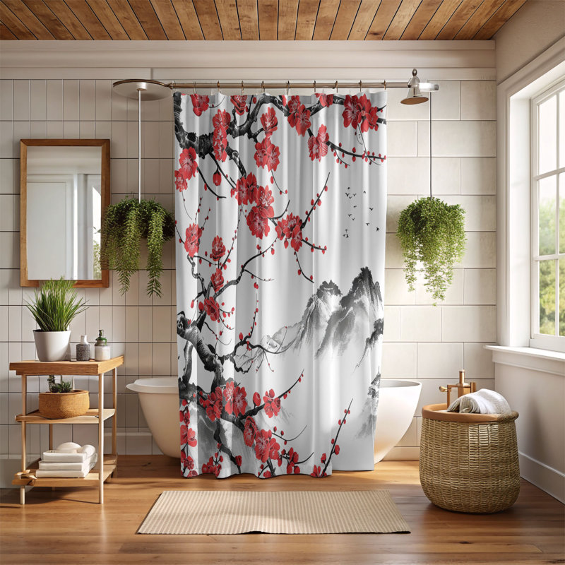 Rideau de douche standard 1 pièce Crimson Sakura Motifs, H 74 po x l 35 po