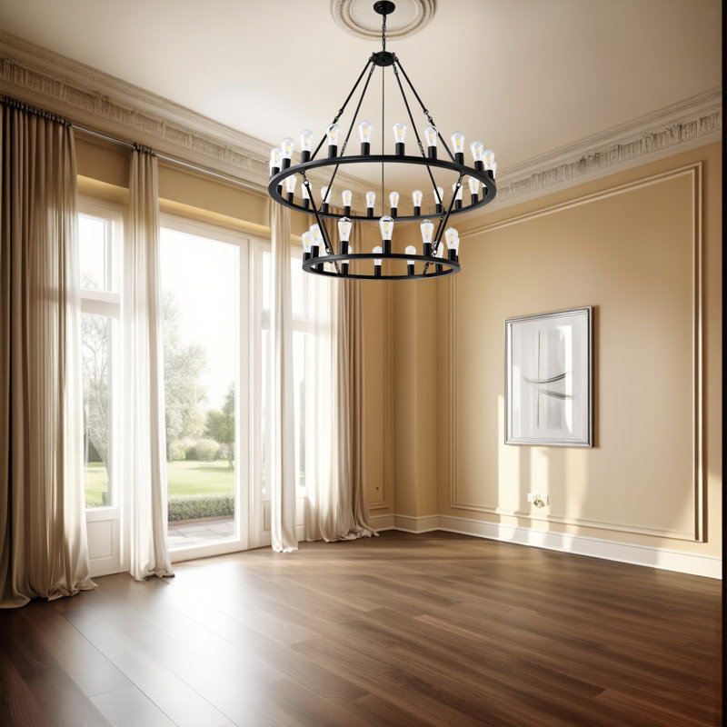 Lustre de 48 po en forme de roue de chariot - 2 lumières de style campagnard à 36 niveaux, hauteur réglable jusqu'à 88 po, ampoules E26 - noir mat