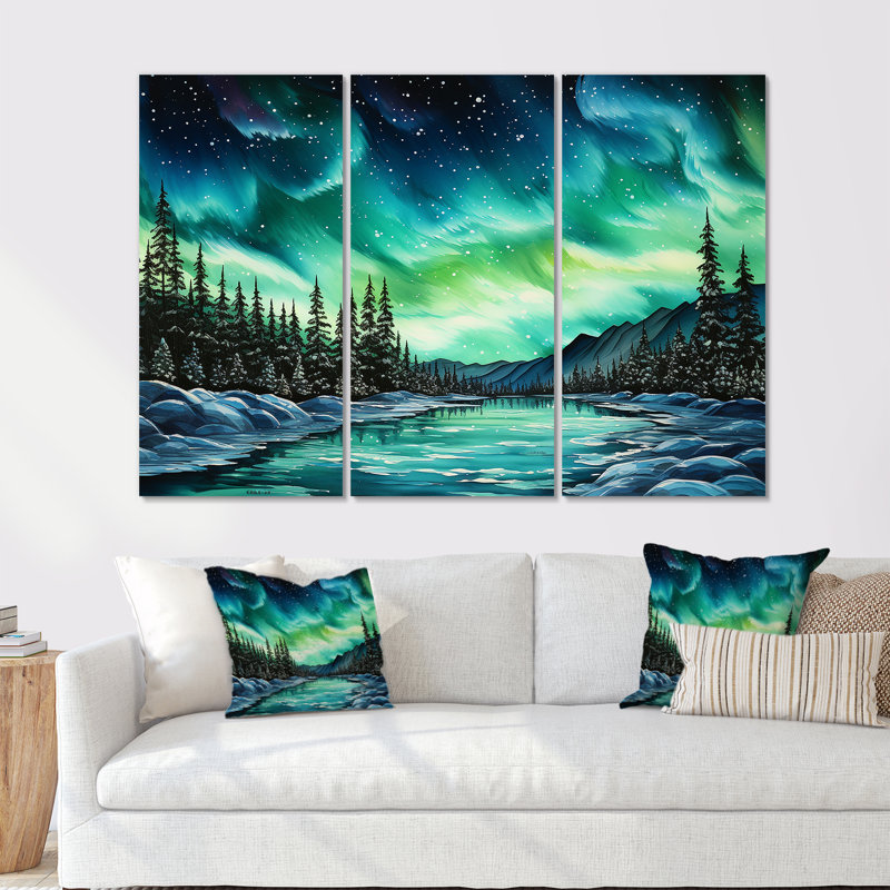 «Green Northern Lights Winter Charm» - ensemble de décorations murales Northern Lights, Toile tendue