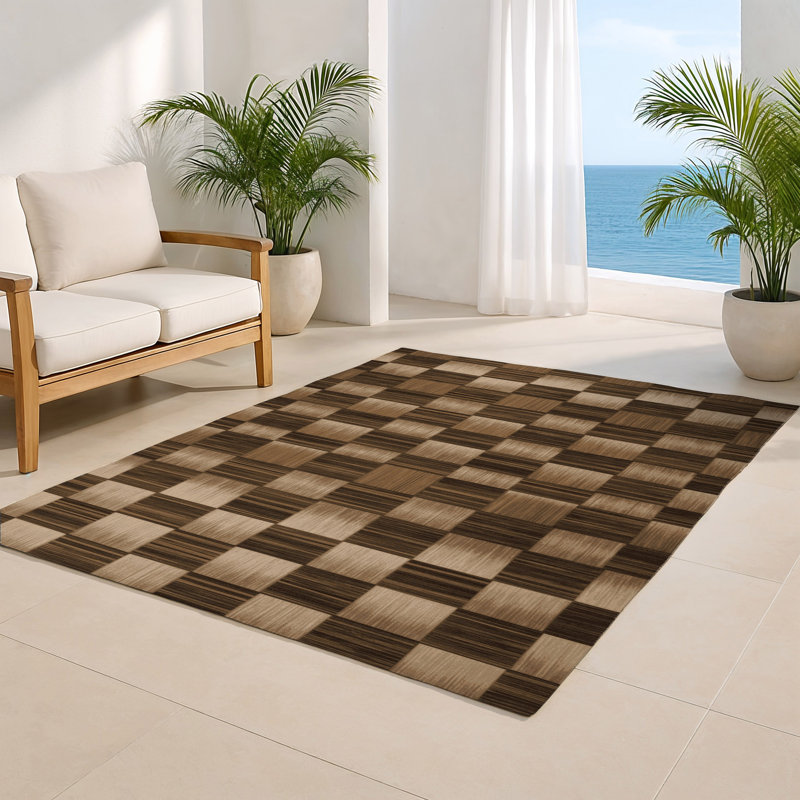 Checkered Brown Indoor and Outdoor Area Rug, Rectangle 4' x 6'