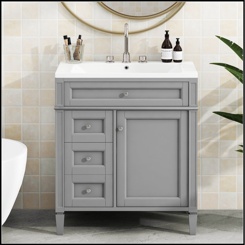 Meuble-lavabo de salle de bain rétro avec lavabo supérieur et grand rangement, avec 2 tiroirs et un espace organisé pour tous vos besoins.