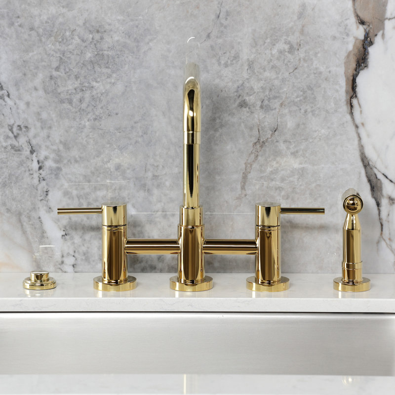 Kingston Brass Concord Two-Handle 4-Hole Deck Mount Bridge Kitchen Faucet with Brass Side Sprayer, Polished Brass