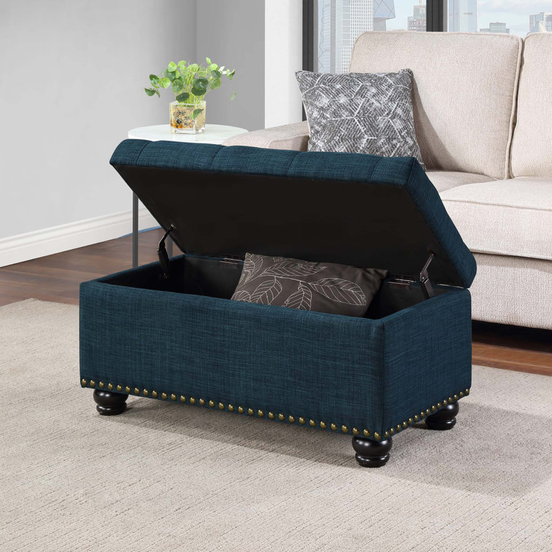 Repose-pieds capitonné rectangulaire avec rangement 35,5 "Alease, Tissu bleu foncé