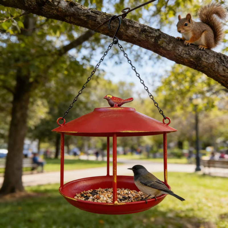 Bouche à oiseaux solaire à cascade suspendue à énergie solaire pour terrasse de jardin, rouge