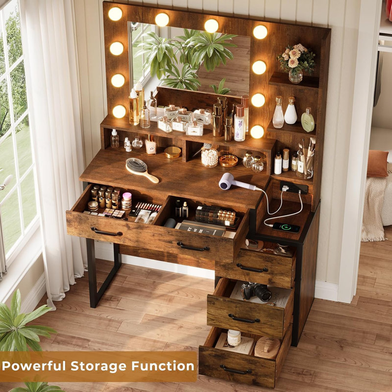 Retro dressing table with 3 colours lights Charging station with 2 USB ports and sockets