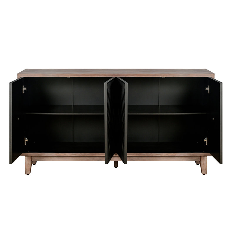 Arnoltice Mid Century avec 4 portes à motif convexe et 2 tablettes - Rangement spacieux pour le couloir du salon de 60 po de style Buffet cannelé noir antique