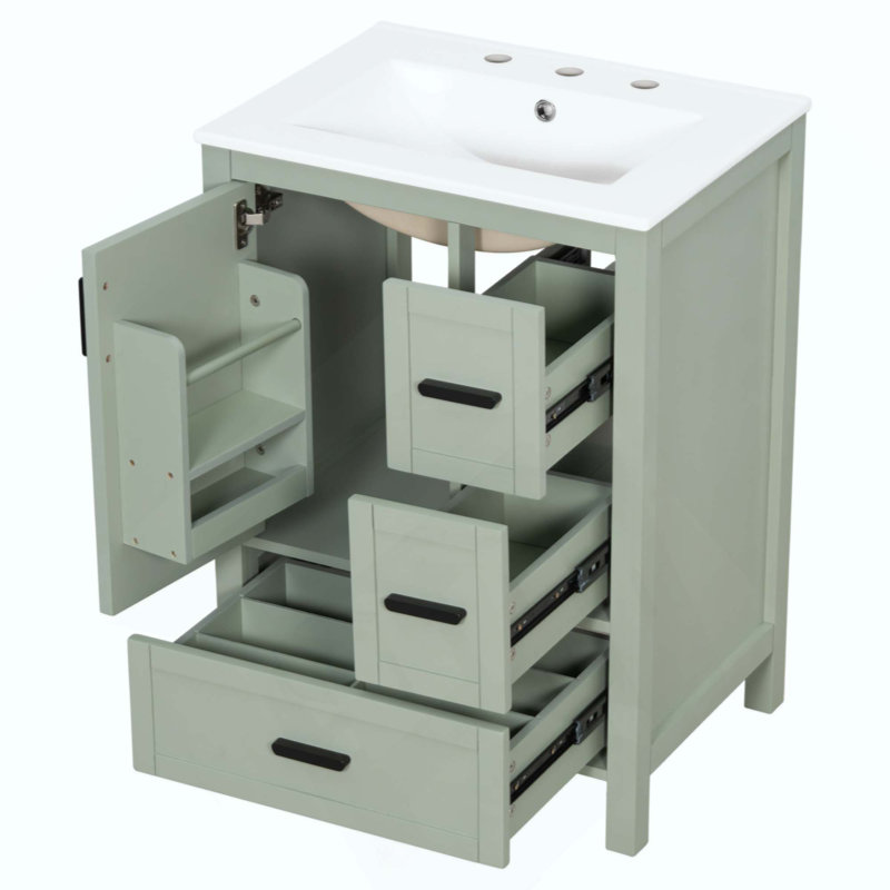 Meuble-lavabo moderne avec lavabo en céramique, porte à fermeture douce, tablette de porte double couche et 3 tiroirs, Vert