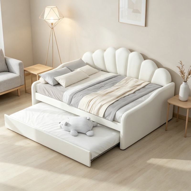 Lit de jour double rembourré blanc avec dossier en coquillage et lit gigogne simple, White