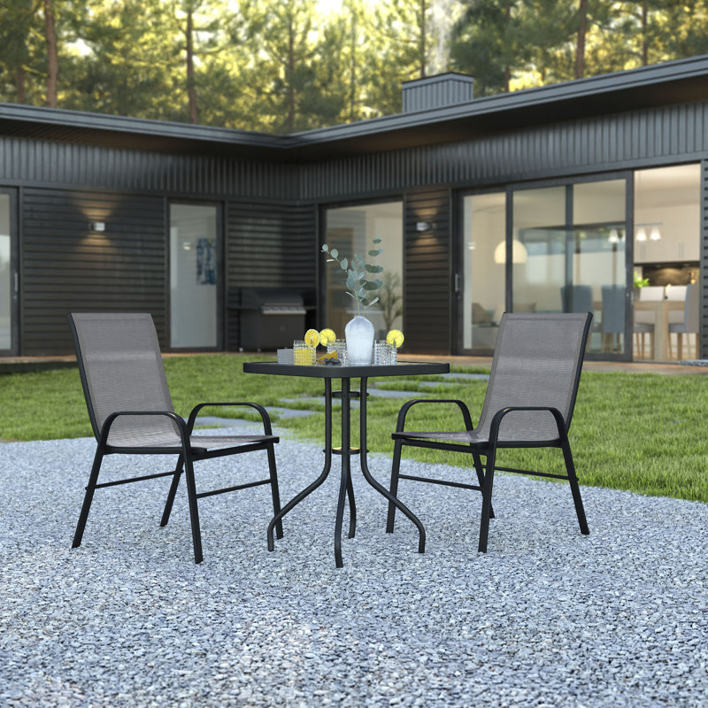 Elgin 3 Piece Patio Dining Set - Glass Table, 2 Flex Stack Chairs, Gray