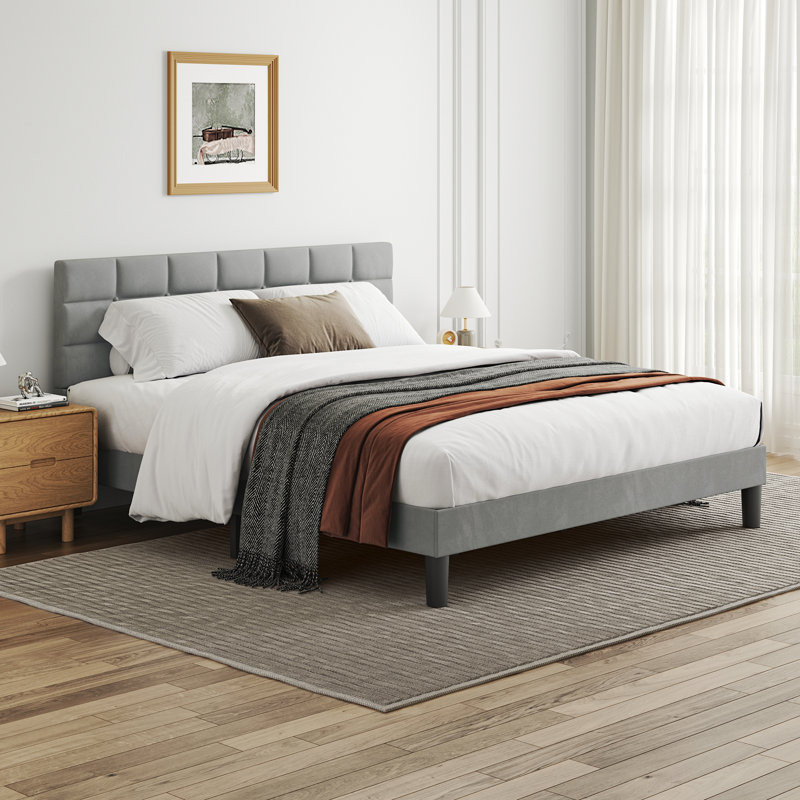 Velvet Upholstered Platform Bed with Headboard, Super King (6')