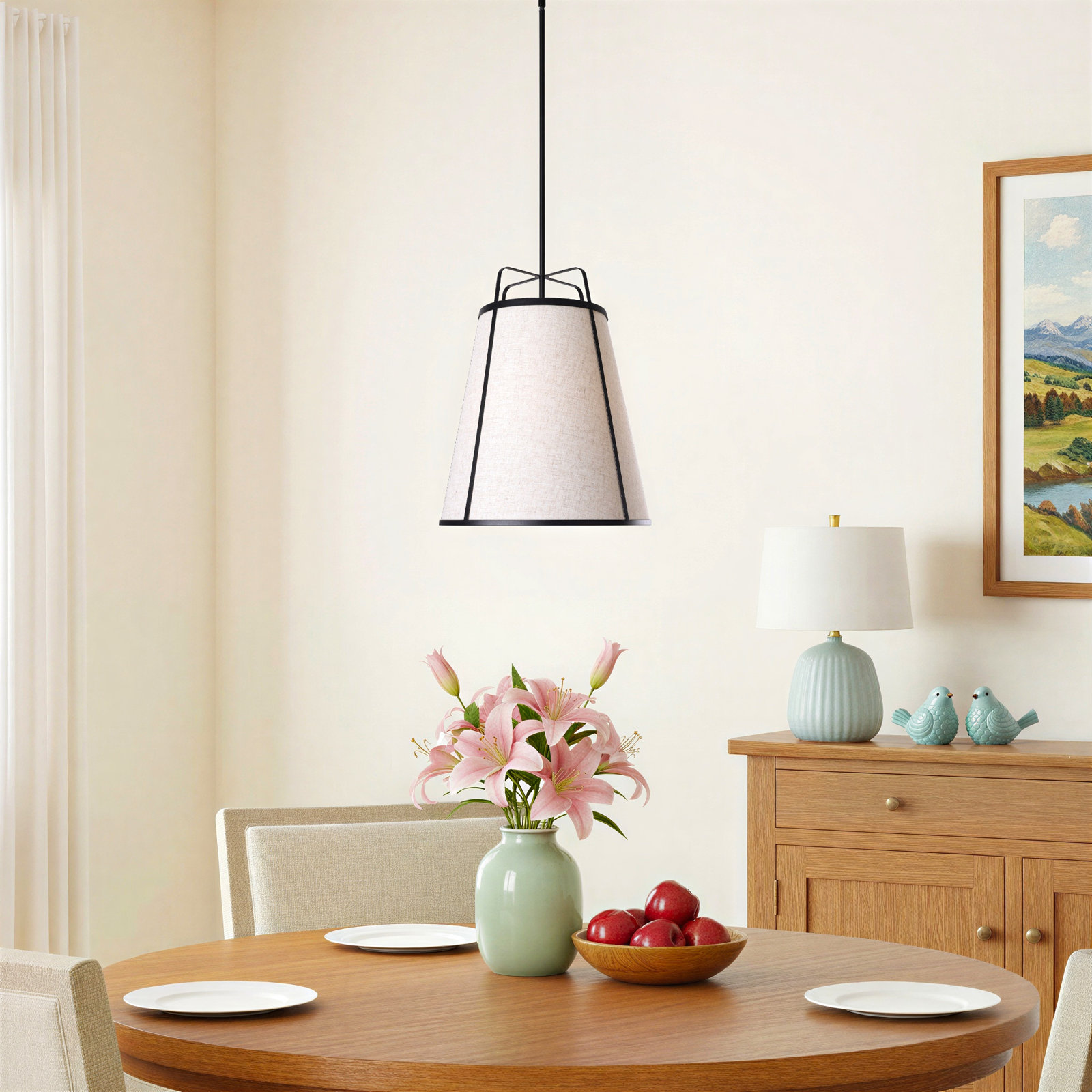 Dimmable Linen 3-Light Pendant, Matte Black, Beige
