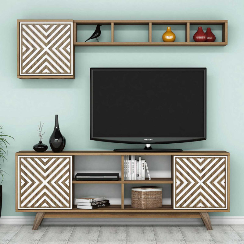 Meuble télé moderne avec tablette murale et armoire, noyer et blanc, 63,0 x 22,1 x 13,8 pouces | 100% panneau de particules enduit de mélamine, épaisseur: 0,7 pouce | Nombreuses tablettes murales au design géométrique élégant