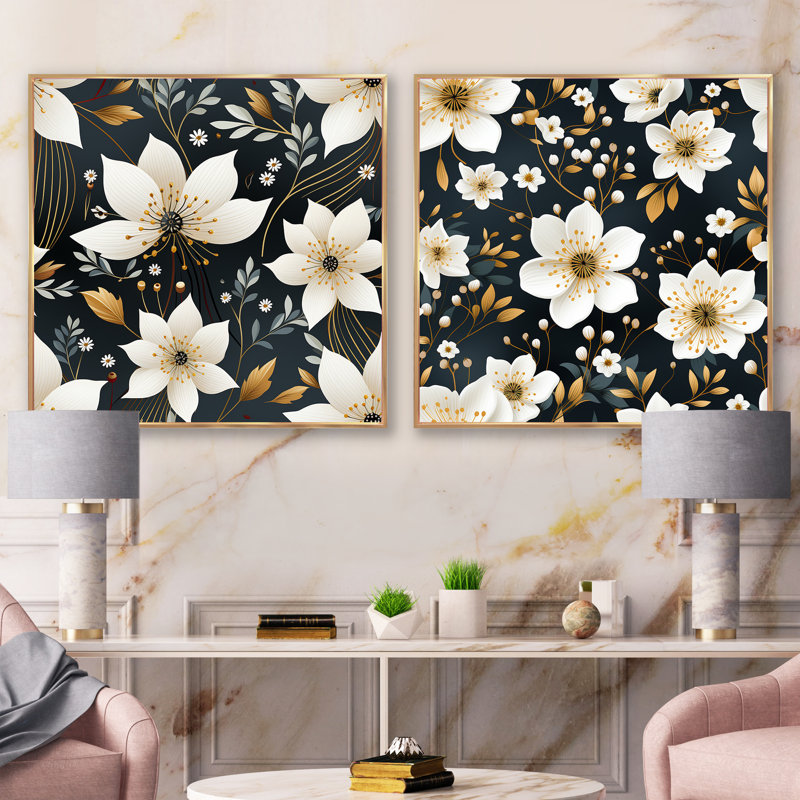 Izzo - Ensemble de 2 collages carrés floraux, Cadre flottant doré, H 30 po x l 61 po