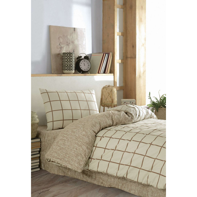 Ensemble de housse de couette simple Elegant Ranforce, couleur crème | 100% coton, housse de couette 63,0 x 86,6 pouces, drap-housse 39,4 x 78,7 + 11,8 pouces, taie d'oreiller 19,7 x 27,6 pouces | Lavable à la machine, fermeture à boutons et enveloppes, doux et respirant
