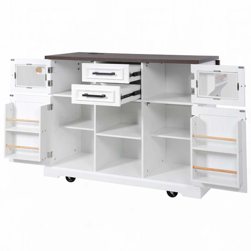 Îlot de cuisine avec abattant, prise de courant, 4 tablettes de porte, Blanc