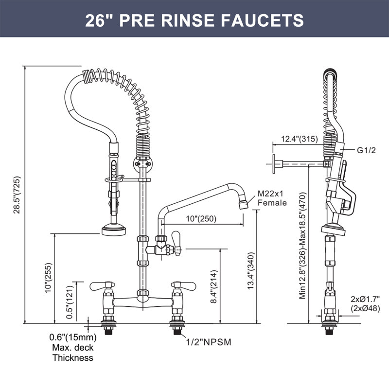 28.9 Inch Brass Deck Mount Commercial Kitchen Faucet with Pre-Rinse Sprayer, Silver