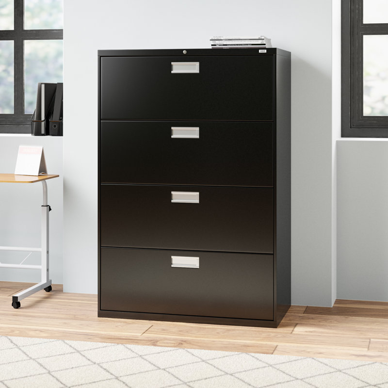 HON Brigade 600 Series Lateral File, 4 Drawers, Aluminum Pull, 36"W, Black, Black