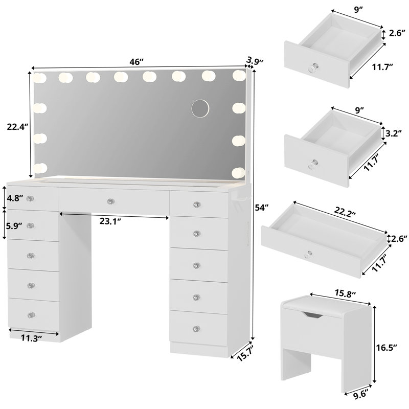 Greyden Vanity With 11 Drawers & Lighting Bulbs, Storage Stool & 10X Magnifying Mirror, White