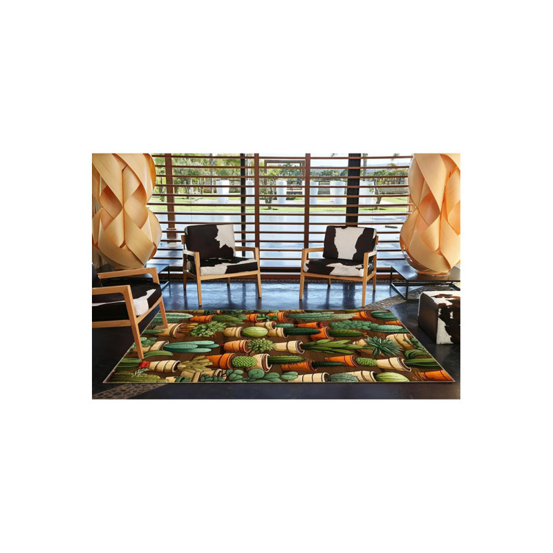 Multicolored Patterned Woven Floor Rug With Cactus Thorns, Rectangle 3'4" x 5'