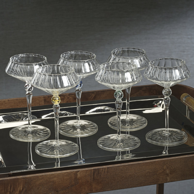Ondine 4-Piece Set Fluted Coupe Glasses, Clear / Lagoon Green Accent