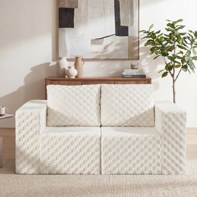 2-Seater Modular Sectional Loveseat, Deep Seat Couch with Memory Foam & Throw Pillows Sofa for Living Room Bedroom,Plaid White