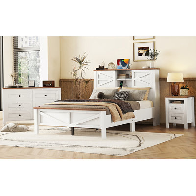 Ensemble de chambre à coucher 3 pièces avec lit plateforme double ferme avec tête de lit double à porte coulissante et station de charge, table de chevet et commode avec rangement, blanc et brun