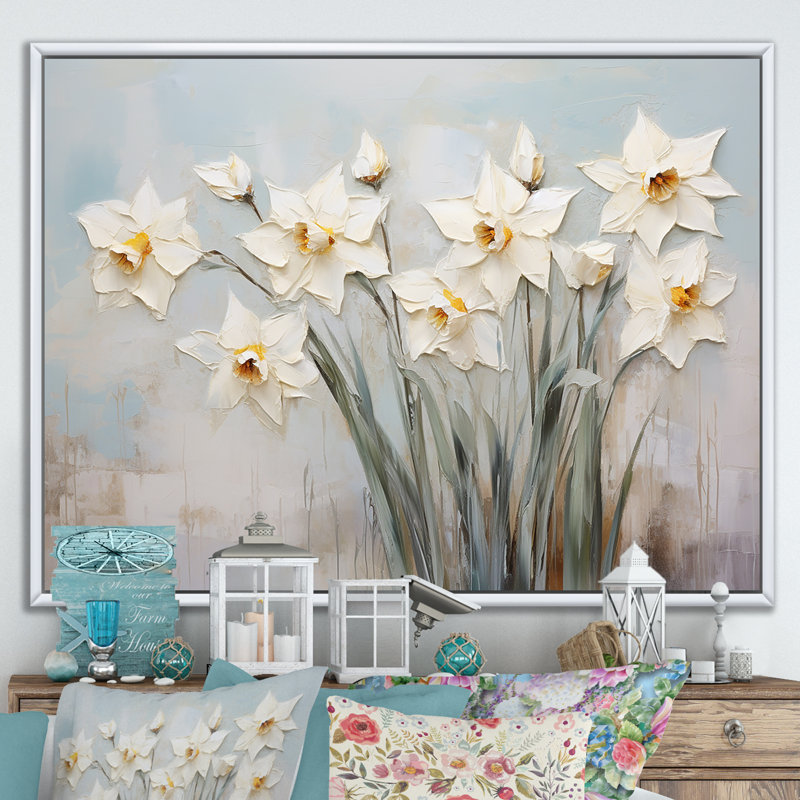 Minimalisme - jonquilles blanches, H 16 po x l 32 po x P 1 po, Cadre flottant blanc