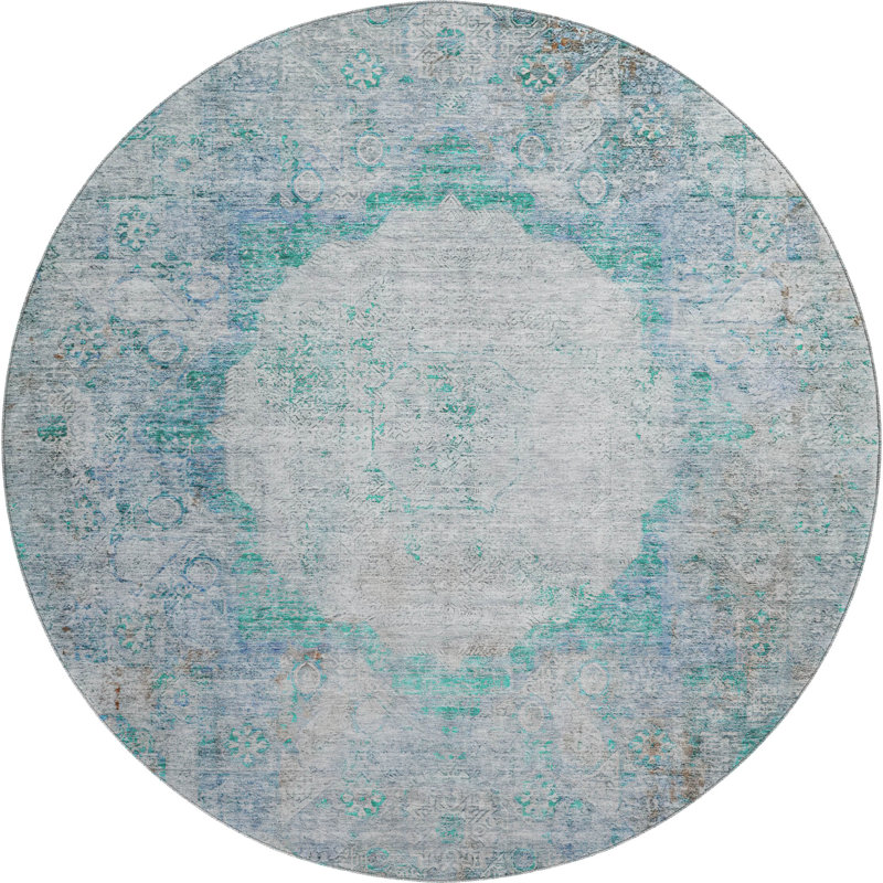Premium Machine Washable Prisco Teal Rug, Round 8'