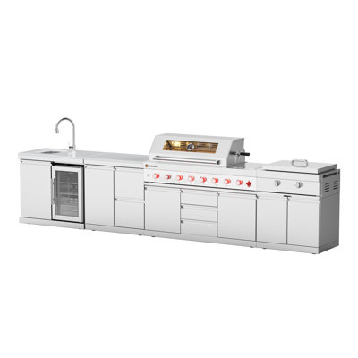 Îlot de cuisine extérieur modulaire 4 pièces VESTIVium - Barbecue au gaz à 6 brûleurs avec plaque chauffante au gaz, évier et réfrigérateur, porte simple et rangement double, comptoir en quartz blanc, acier inoxydable (NG)