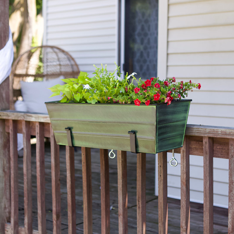 Medium Green Galvanized Steel Flower Box with Black Brackets