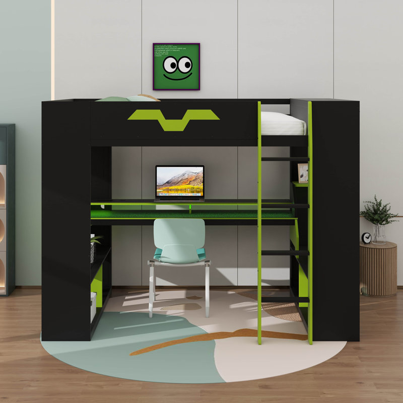 Lit mezzanine en bois avec prise de courant et ports USB / Type-C, gestion des câbles intégrée et lumière RVB, Vert