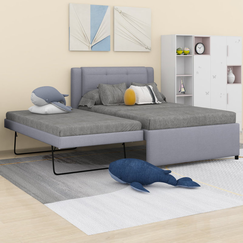 Lit plateforme tapissier avec lit gigogne, Gris
