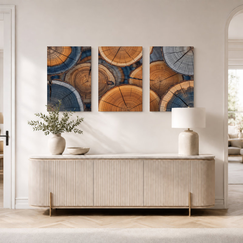 Ensemble de 3 toiles empilées avec anneaux de croissance bleus et bruns, H 36 po x l 24 po x 3 pièces