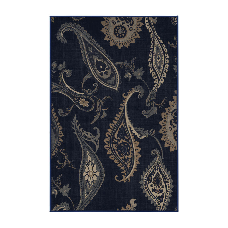 Machine Washable Peoro Traditional Paisley Rug in Gray – Navy Binding, 6 x 9