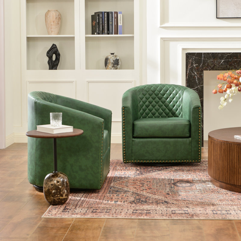 Oscar 29" W Water Resistant Faux Leather Swivel Barrel Chair, Green Faux Leather