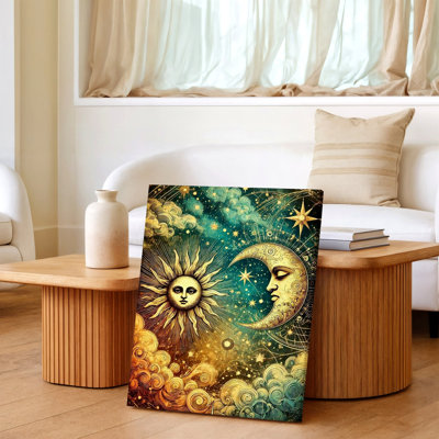 Celestial Sun Moon Stars Vintage Fantasy Sky Canvas Wall Art Print, Vintage Decorative Wall Decor For Living Room Bedroom Office, Living Room Bedroom Office Decor, Gallery Wall Home Accent