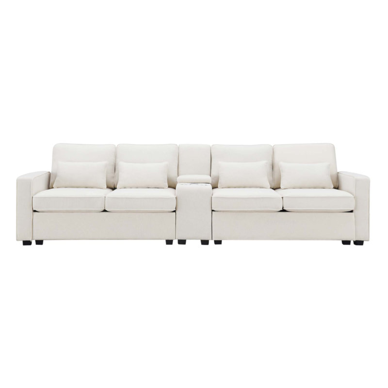 Canapé rembourré en lin moderne avec console, porte-gobelets, ports USB et coussins pour un salon confortable, Beige