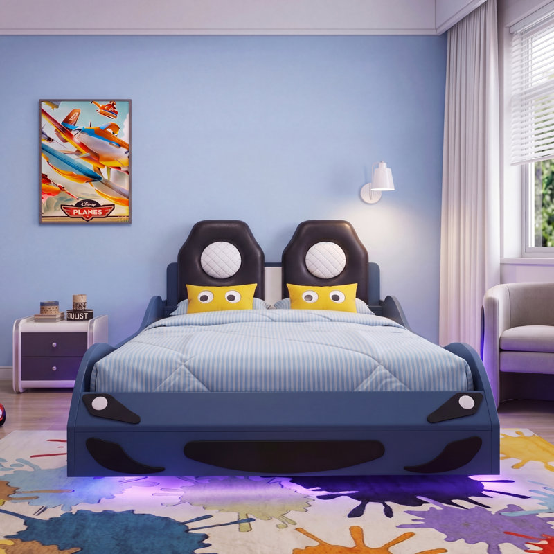 Wood Twin Size Race Car-Shaped Platform Bed with LED and Upholstered Backrest, Blue, Blue