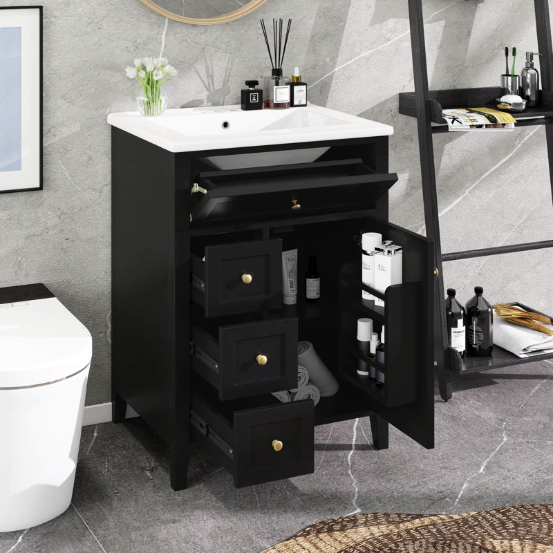 Meuble-lavabo 24 po avec lavabo, meuble-lavabo en bois massif avec tiroirs et tablettes réglables, petit meuble-lavabo, Noir