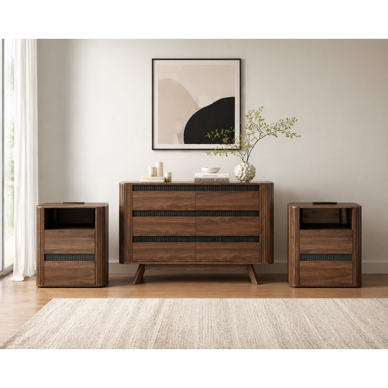 3-Piece Bedroom Set, 6 Drawer Dresser & Nightstand Set Of 2