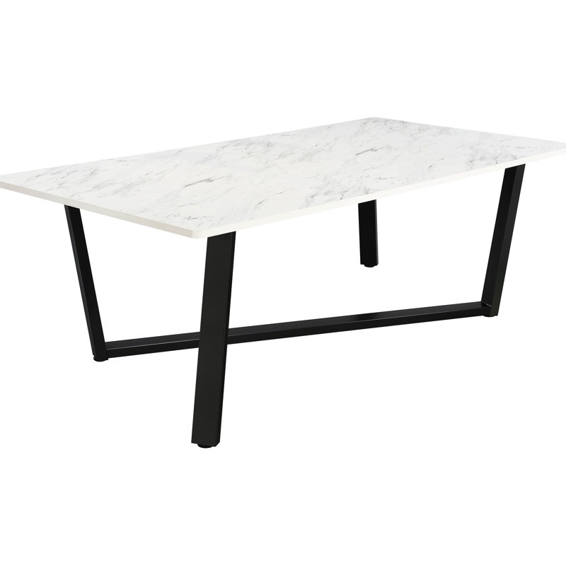 Table de salle à manger rectangulaire contemporaine en faux marbre blanc, pieds asymétriques en bronze, sièges de cuisine de 6 po, 6 po de largeur