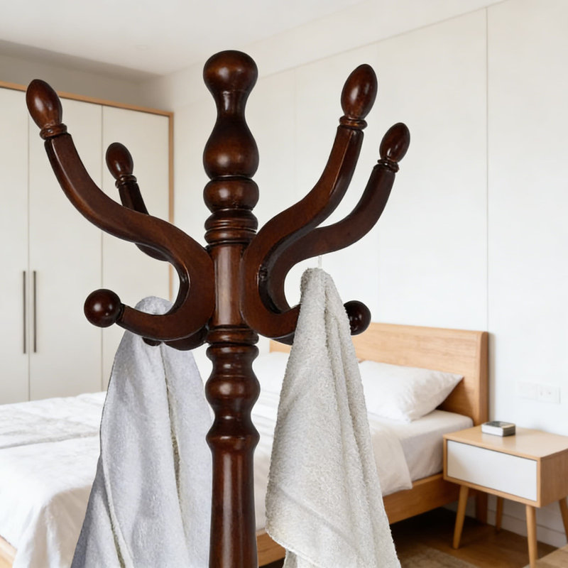 Freestanding Wood Coat Rack With 14 Hooks, Sturdy Tri-Leg Base For Entryway, Hallway, And Bedroom Organization, Easy Assembly