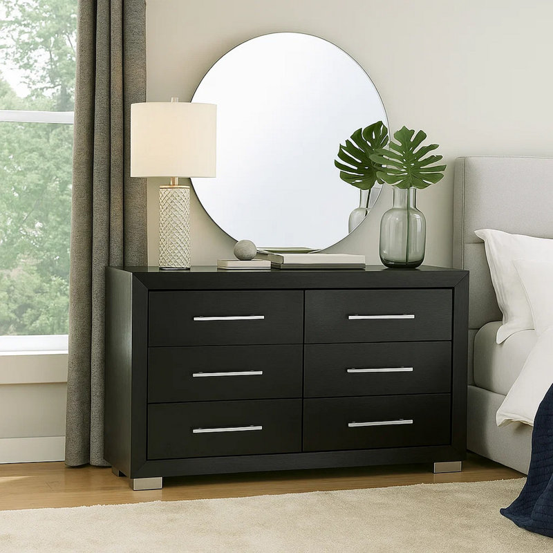 Commode large 6 tiroirs Ashen, bois massif noir, métal chromé