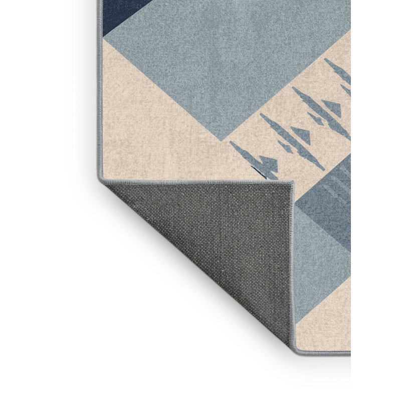 Soft Plush Eatman Global Inspired Block Print Area Rug in Gray – SkyBlue Binding, 7' Square