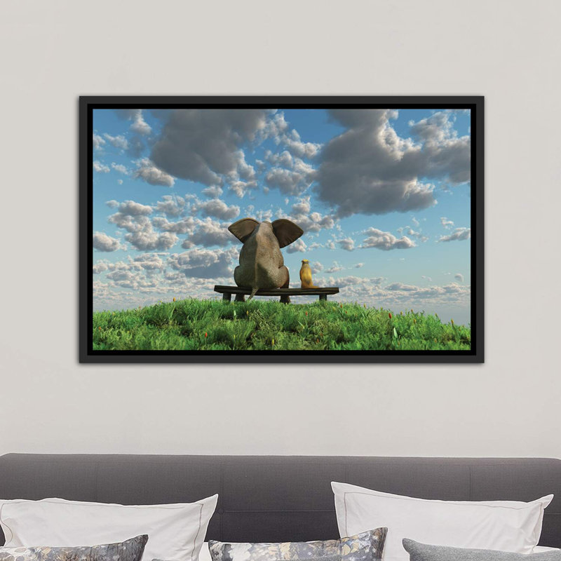 Éléphant et chien assis sur un pré - reproduction d'art, H 26 po x l 40 po x 1,5 po, Toile avec cadre noir patiné