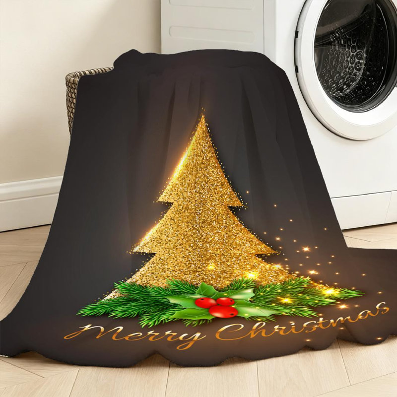 Jeté en flanelle dorée et molletonnée en flanelle, sapin avec imprimé recto de Noël, Jeté 50 po x 60 po