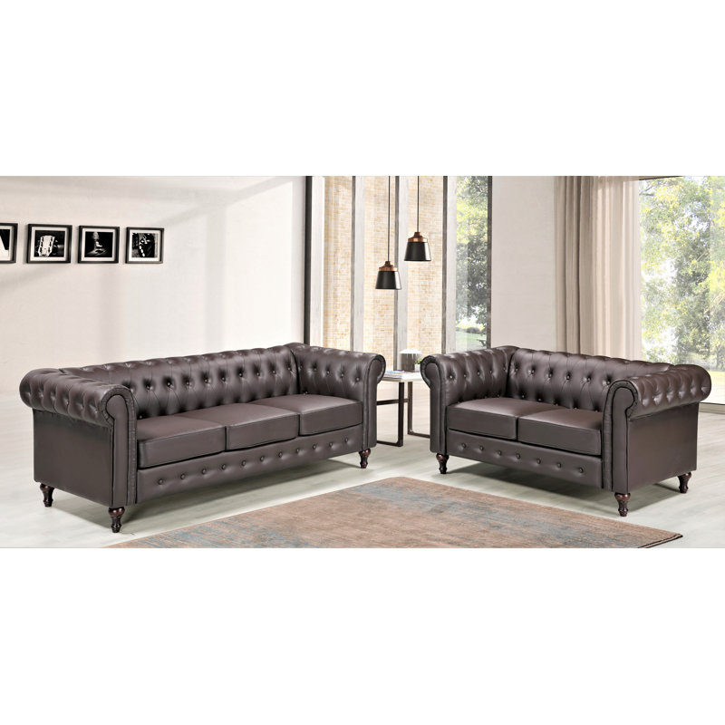 Noreen 2 Piece Faux Leather Living Room Set, Brown Faux Leather