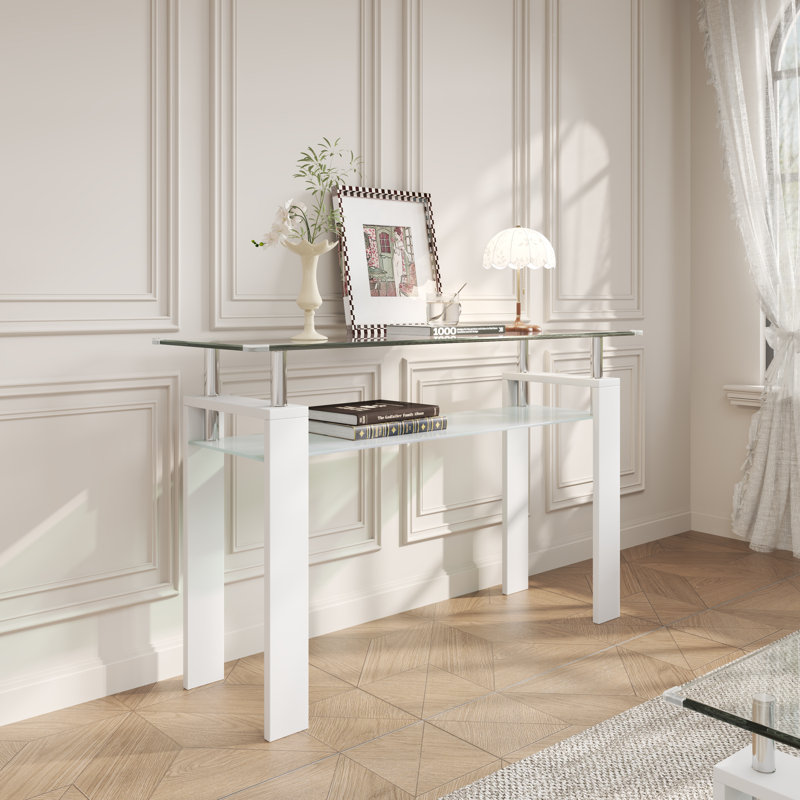 Modern Console Table with 2-Tier Storage Shelf, 47.24" Tempered Glass Top and Stainless Steel Legs, Entryway Table for Hallway, Living Room, and Behind Sofa